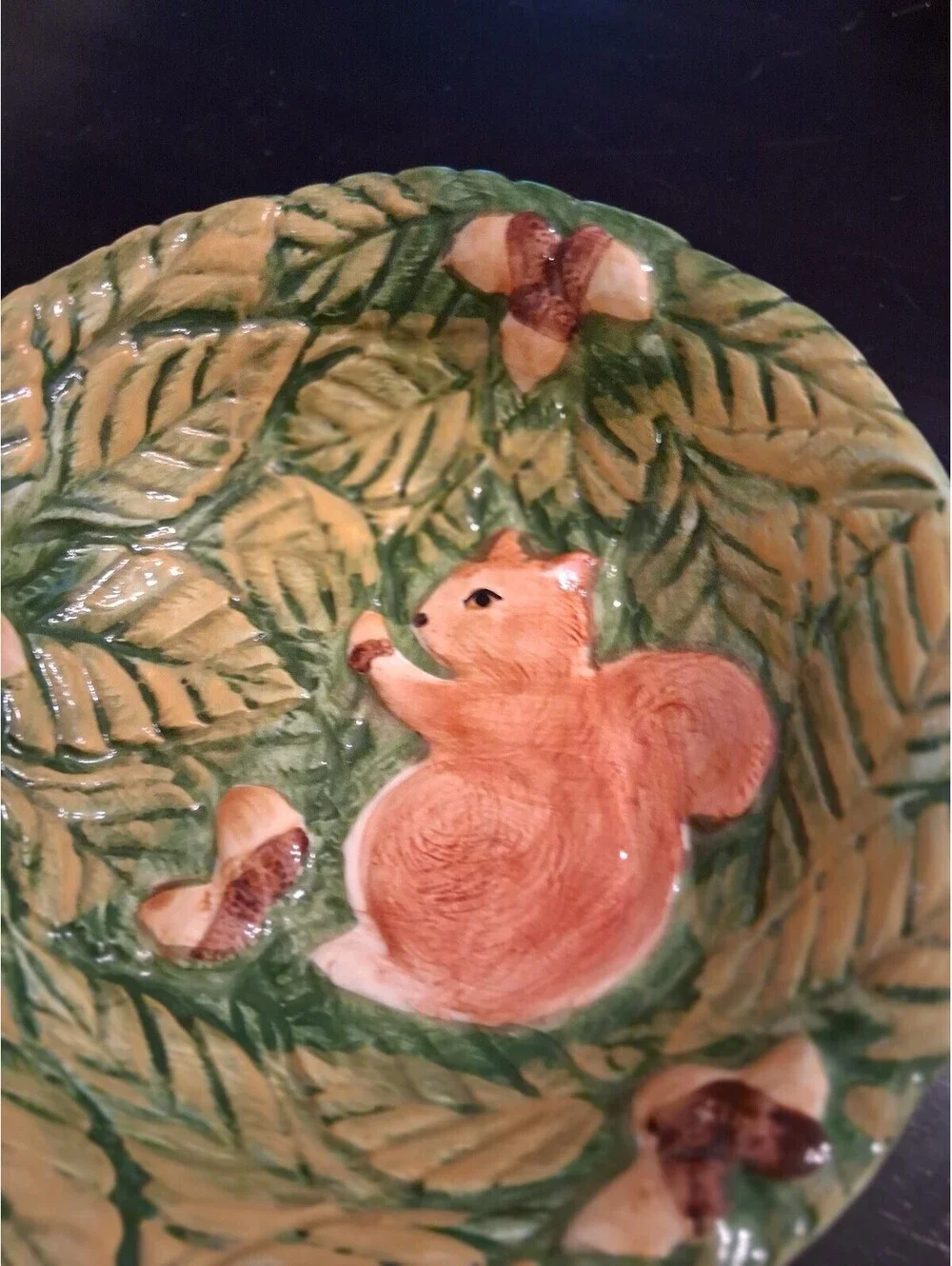 Hand-Painted Ceramic Squirrel Bowl with Leaf and Acorn Design